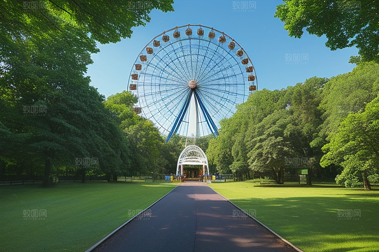摩天轮蓝色天空与大树的交响曲