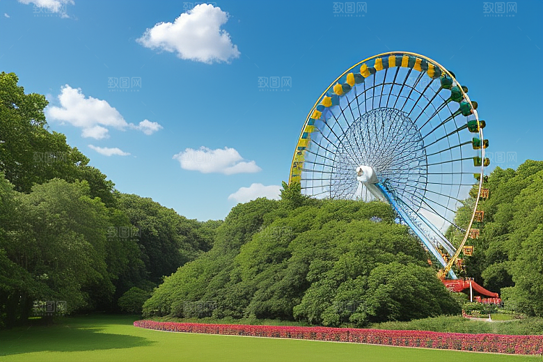 蓝天下的摩天轮与参天大树