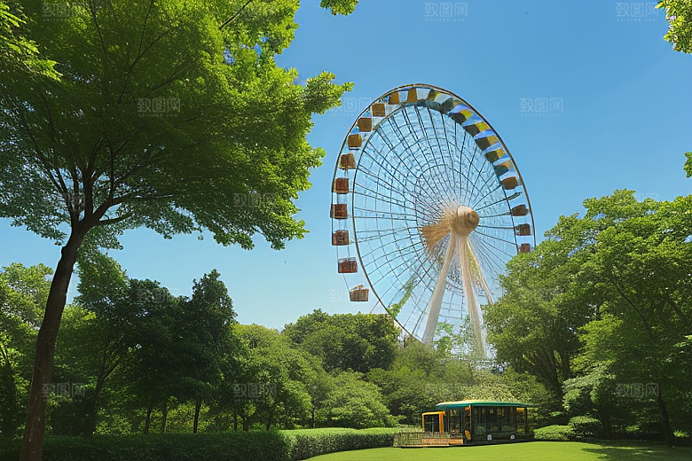 蓝天下的摩天轮与参天大树