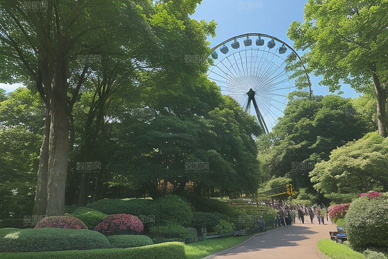 摩天轮下的蓝色天空与大树