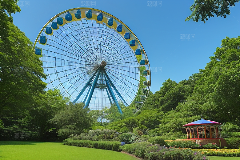 摩天轮下的蓝色天空与大树