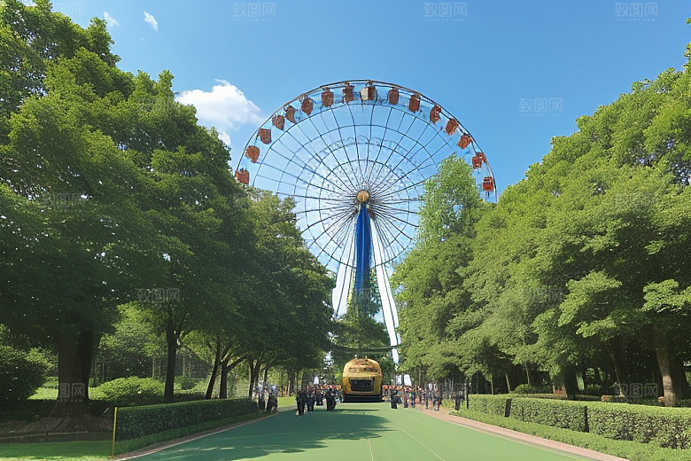 摩天轮下的蓝色天空与大树