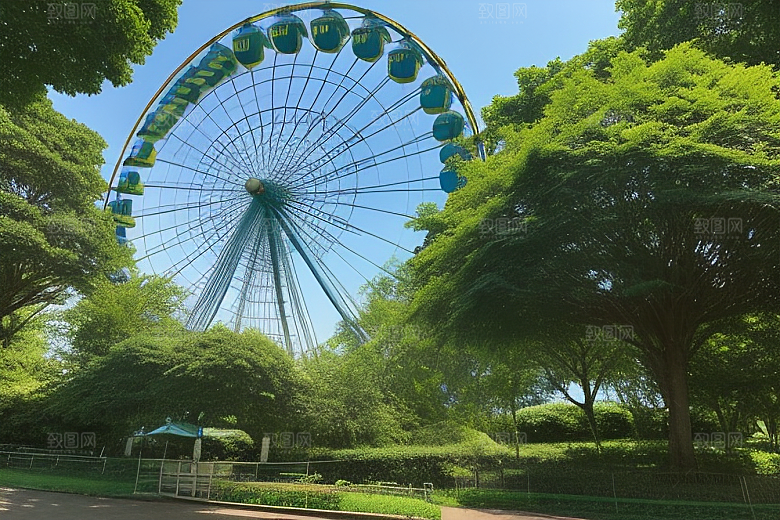 摩天轮下的蓝色天空与大树