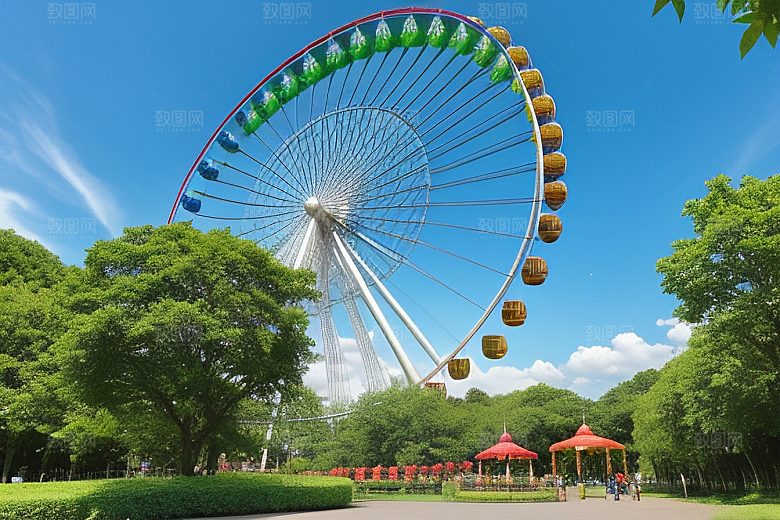 摩天轮下的蓝色天空与大树