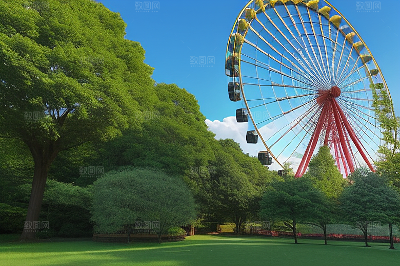 摩天轮下的蓝色天空与大树
