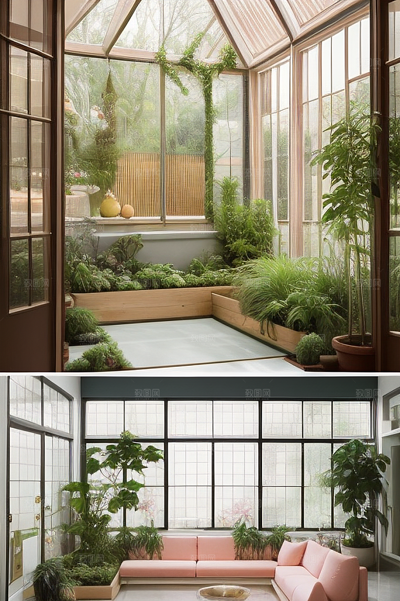 卧室花园里的温暖阳光与绿色植物