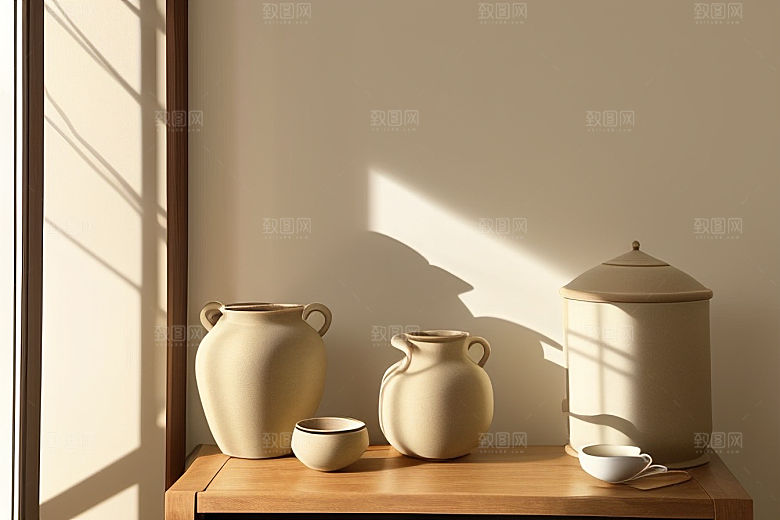 暖黄色光影让陶罐更具吸引力