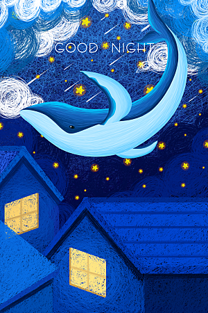 唯美水彩卡通晚上蓝鲸鱼插画海报