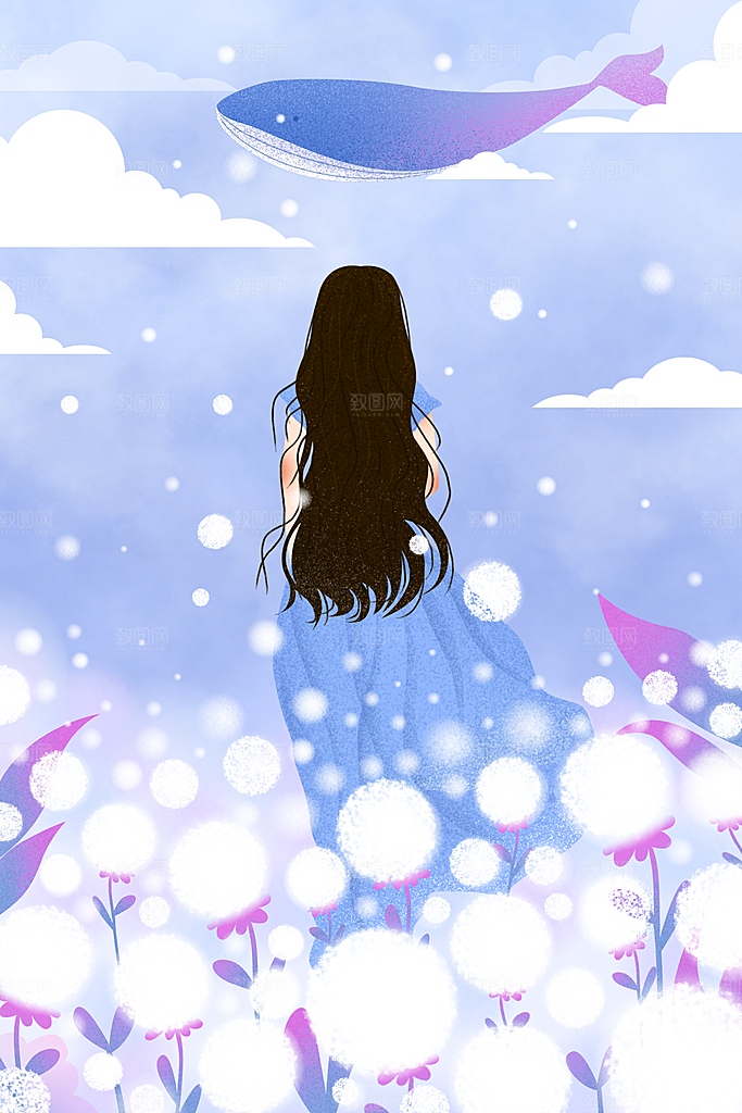 唯美水彩卡通晚上蓝鲸鱼插画海报