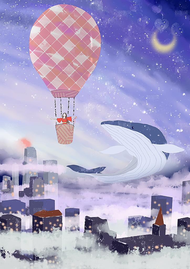 唯美水彩卡通晚上蓝鲸鱼插画海报