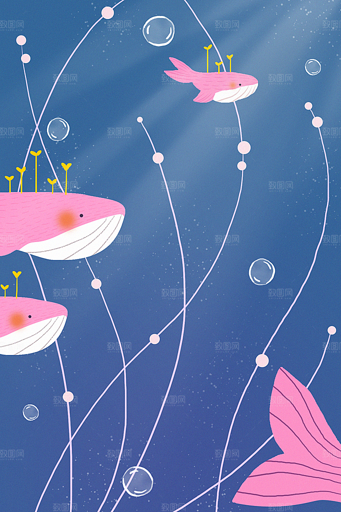 唯美水彩卡通晚上蓝鲸鱼插画海报