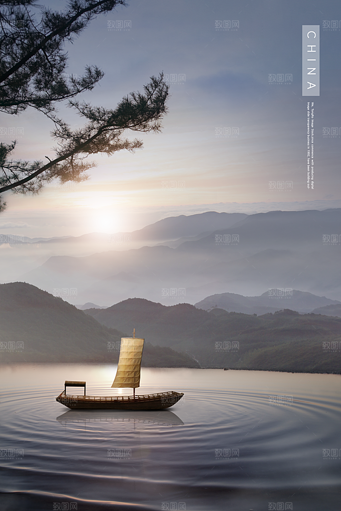 中国风名胜古迹古建筑山水旅游海报