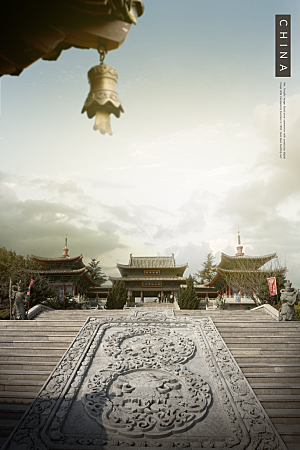中国风名胜古迹古建筑山水旅游海报