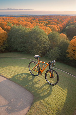 逆光视角里的橘色自行车