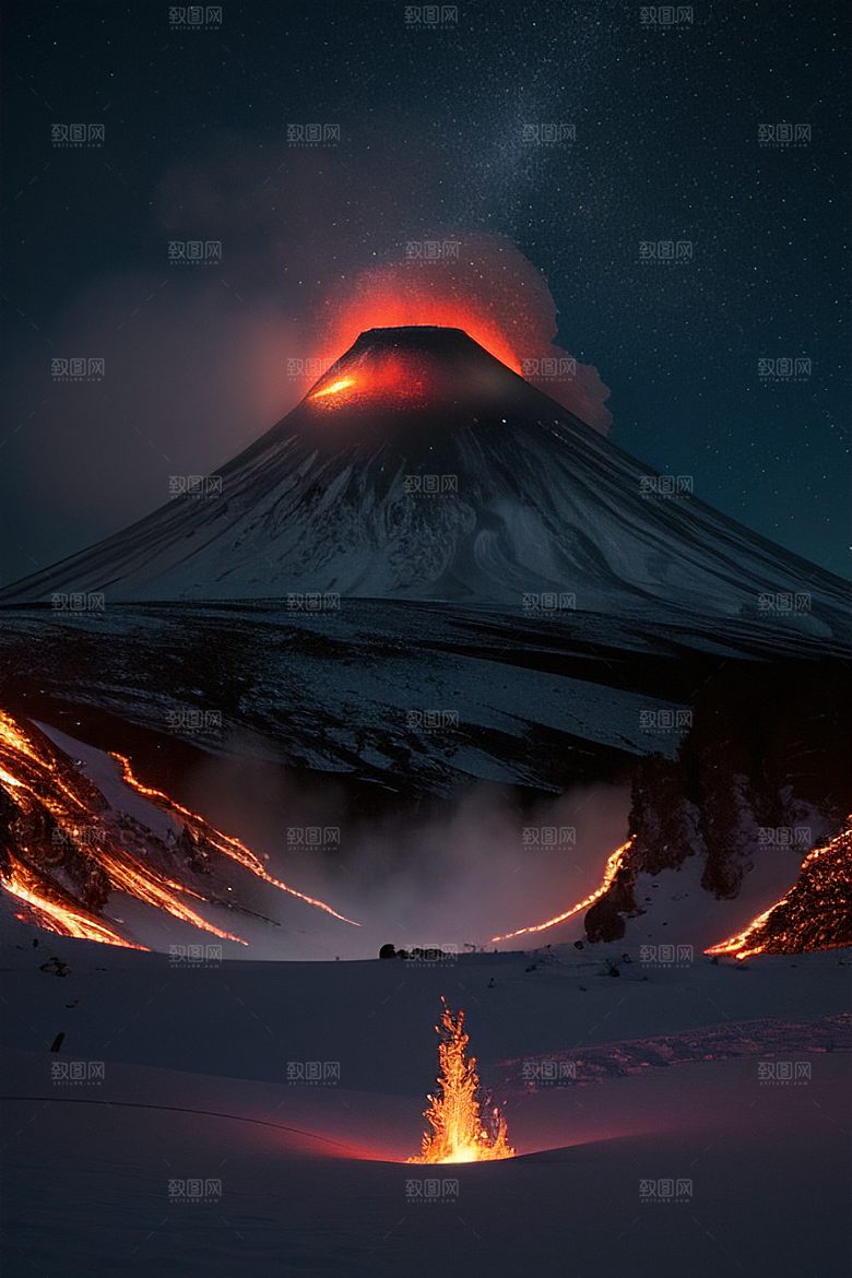 火山之巅的冰雪奇观雪山喷发