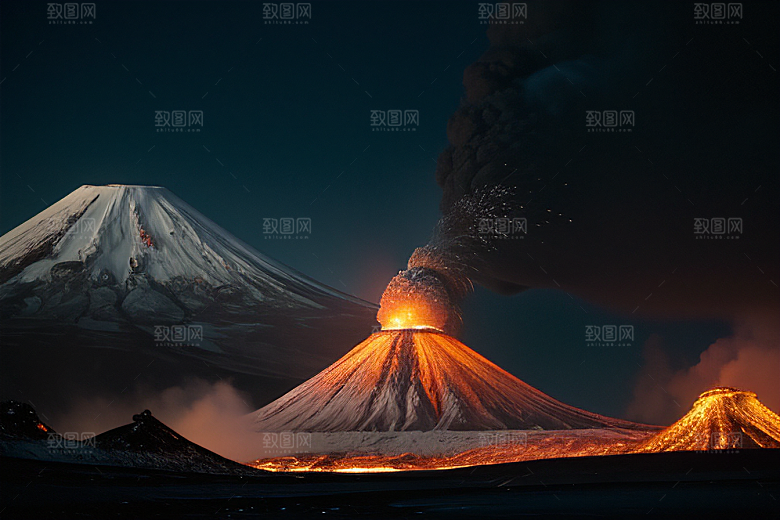 火山之巅的冰雪奇观雪山喷发