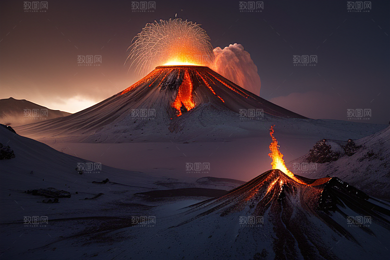 火山之巅的冰雪奇观雪山喷发