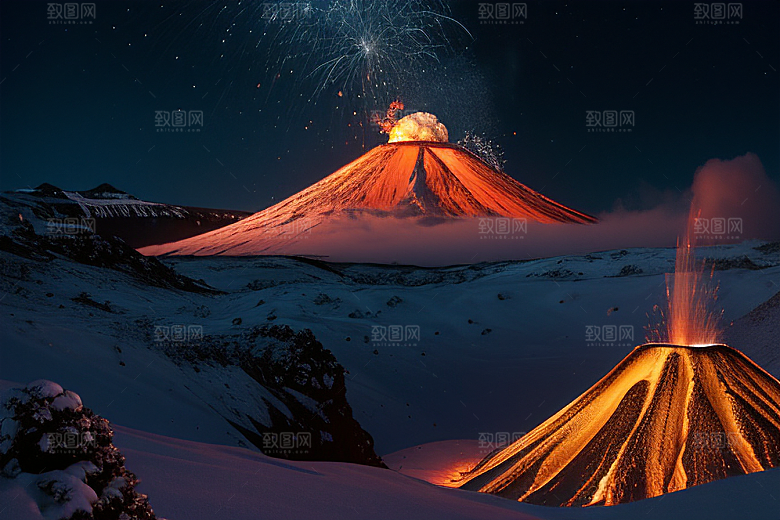 火山之巅的冰雪奇观雪山喷发