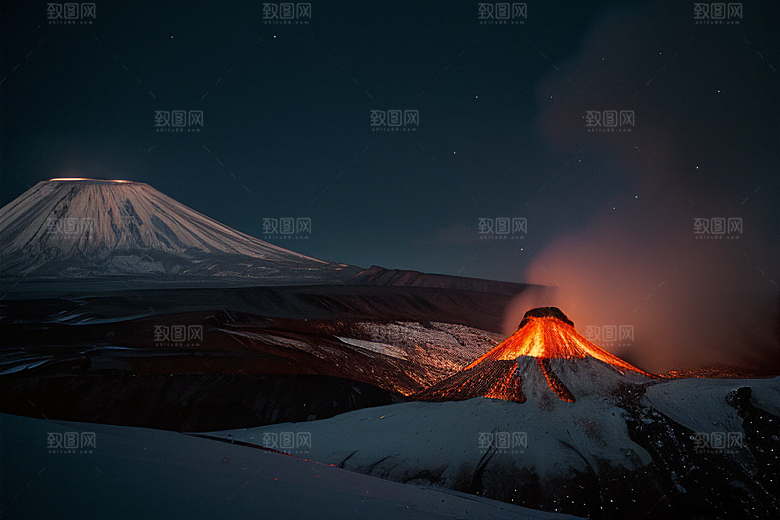 火山之巅的冰雪奇观雪山喷发