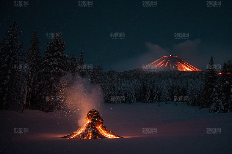火山之巅的冰雪奇观雪山喷发