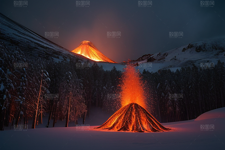 火山之巅的冰雪奇观雪山喷发