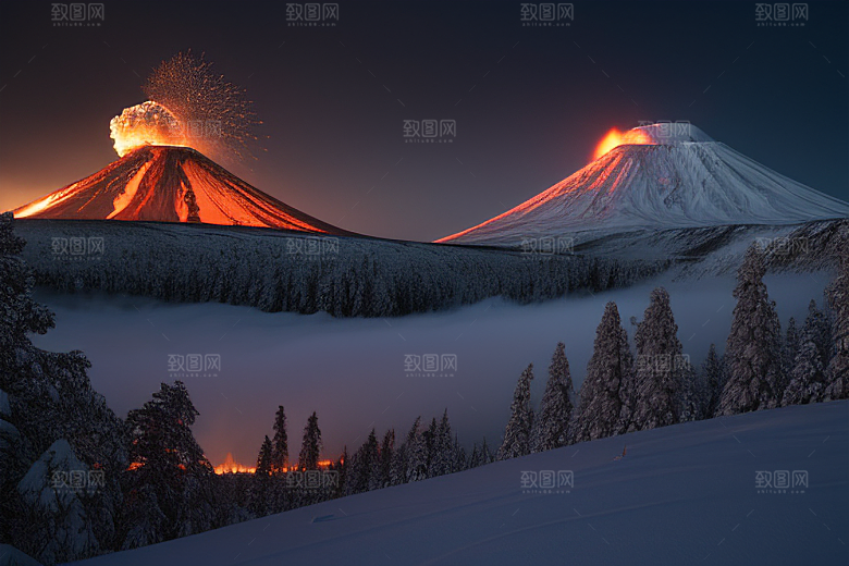 火山之巅的冰雪奇观雪山喷发