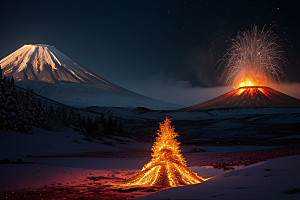 冰雪世界的火焰盛宴雪山喷发