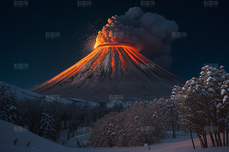 冰雪世界的火焰盛宴雪山喷发