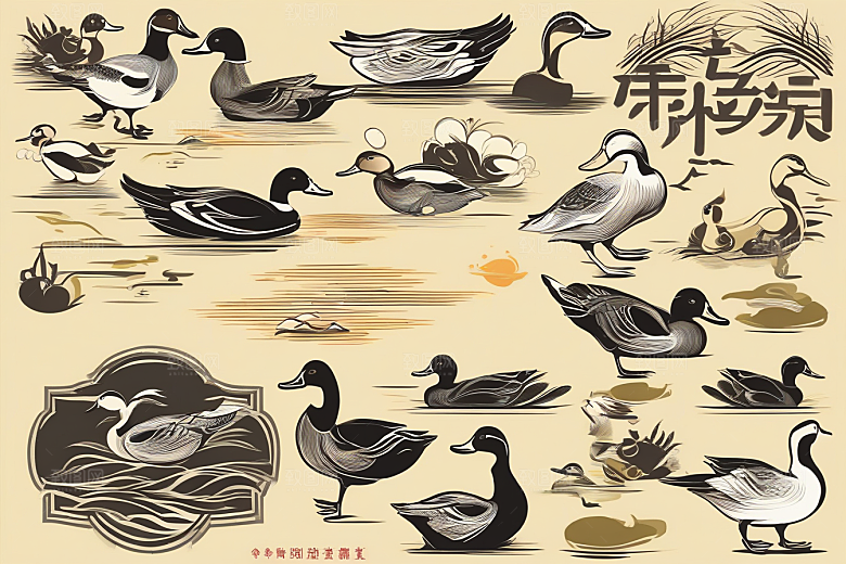鸭子在水面上山水云天的绘画作品