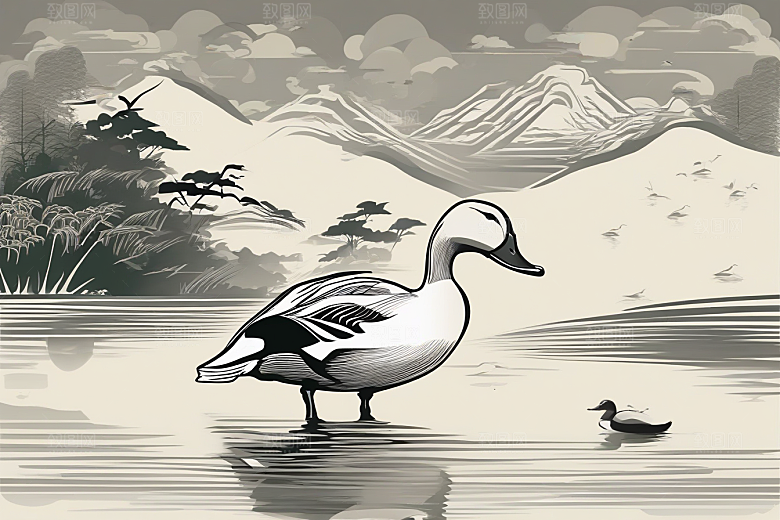 山水云天与鸭子的细致绘画作品