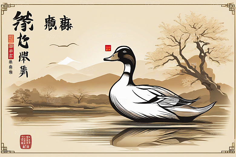 鸭子在水面上山水云天的绘画作品