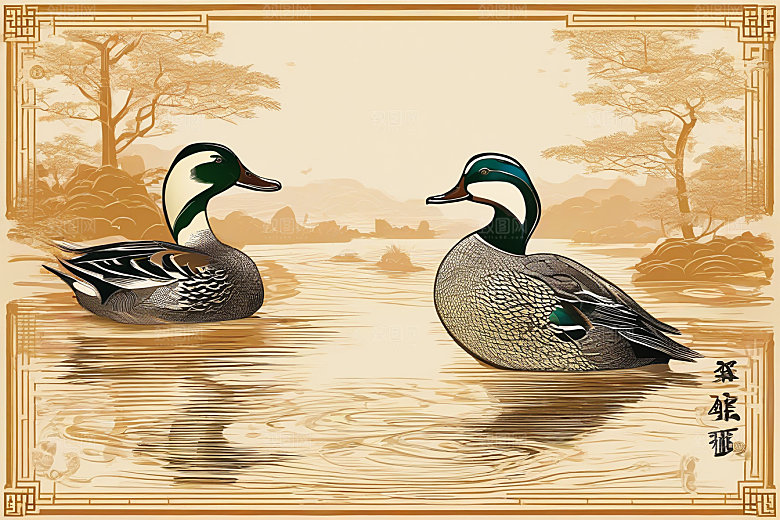 鸭子在水面上山水云天的绘画作品