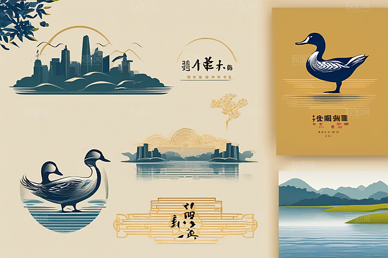 鸭子在水面上山水云天的绘画作品