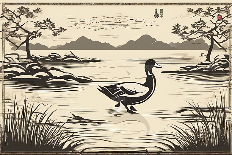 鸭子在水面上山水云天的绘画作品