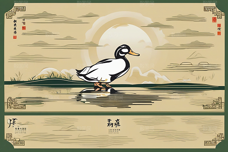 鸭子在水面上山水云天的绘画作品