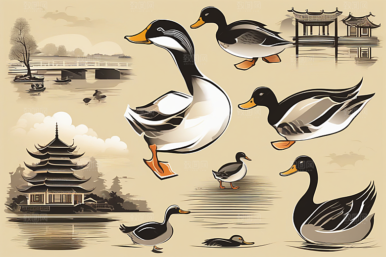 鸭子在水面上山水云天的绘画作品