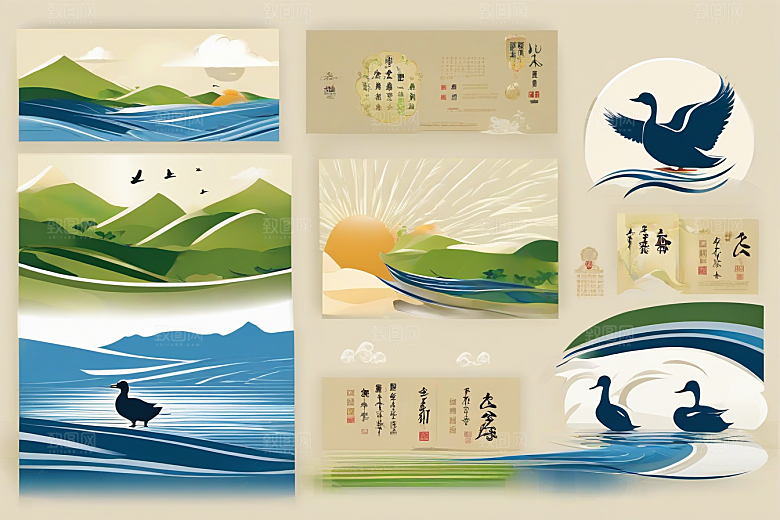 鸭子在水面上山水云天的绘画作品