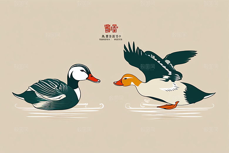 鸭子在水面上山水云天的绘画作品