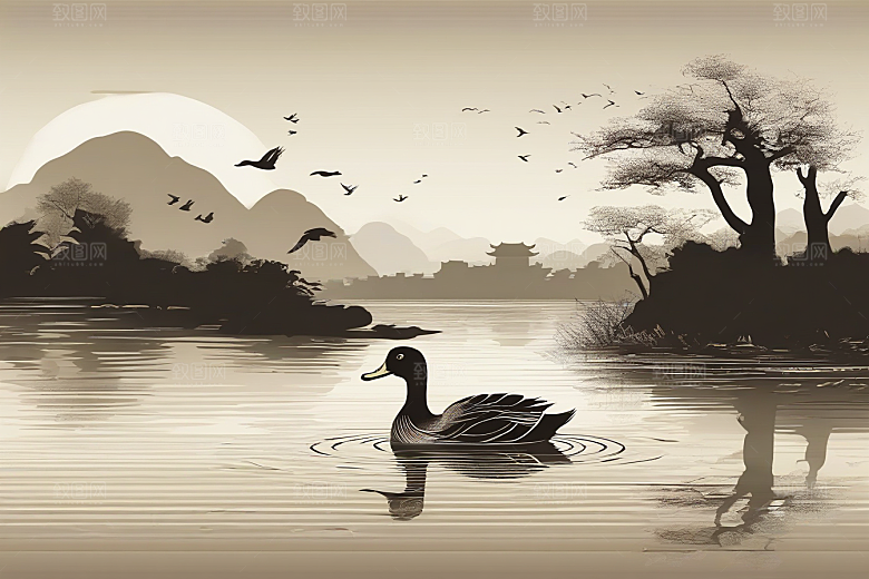 鸭子在水面上山水云天的绘画作品