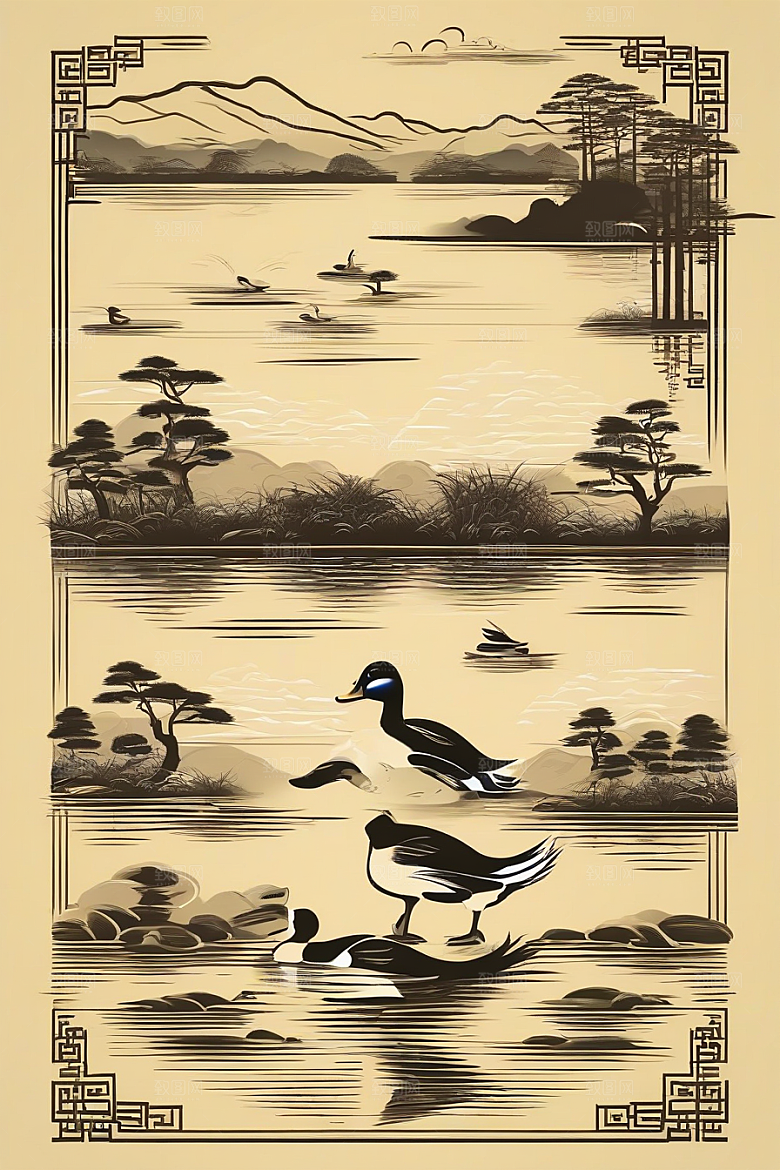 山水云天与鸭子的细致绘画作品