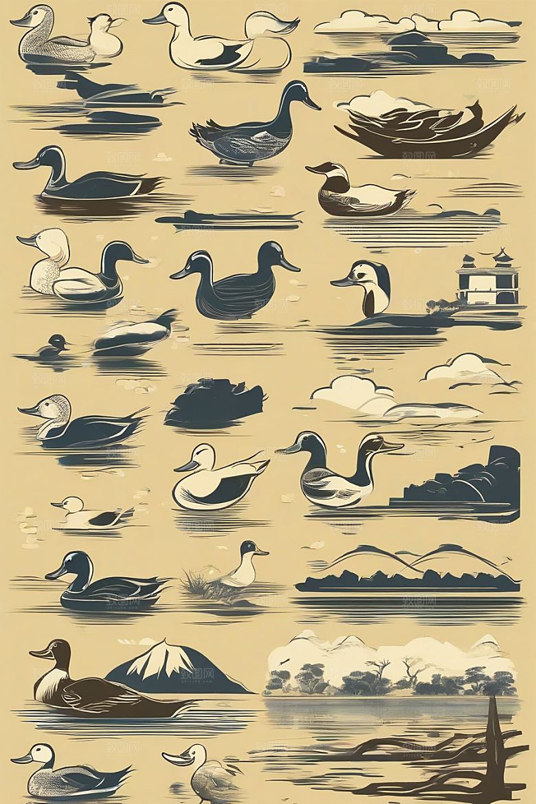 山水云天与鸭子的细致绘画作品