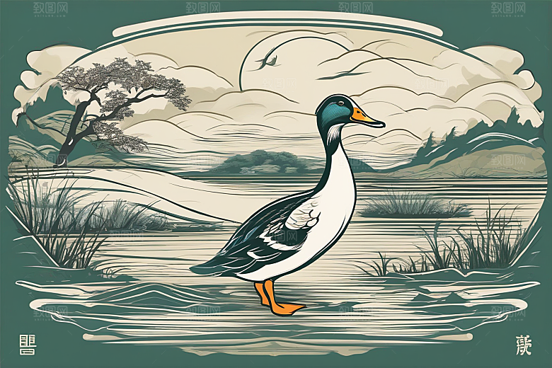 山水云天与鸭子的细致绘画作品