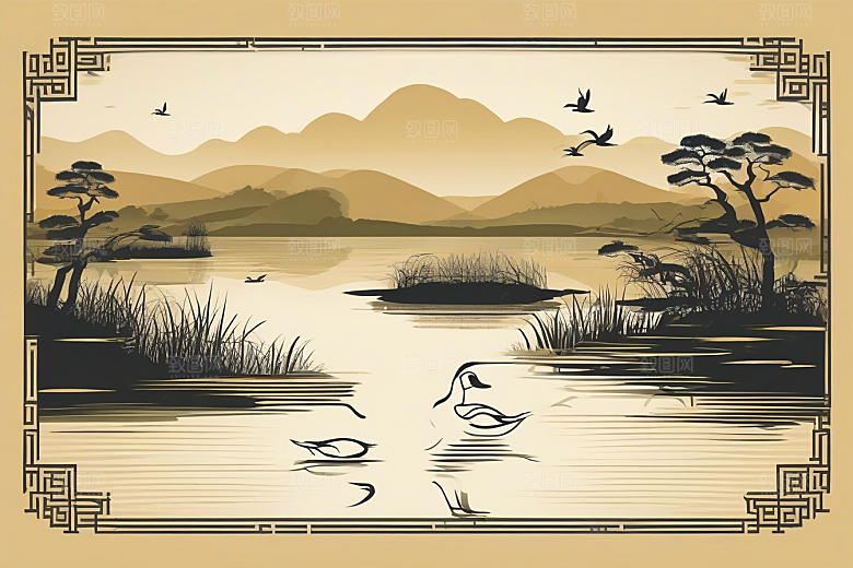 山水云天与鸭子的细致绘画作品