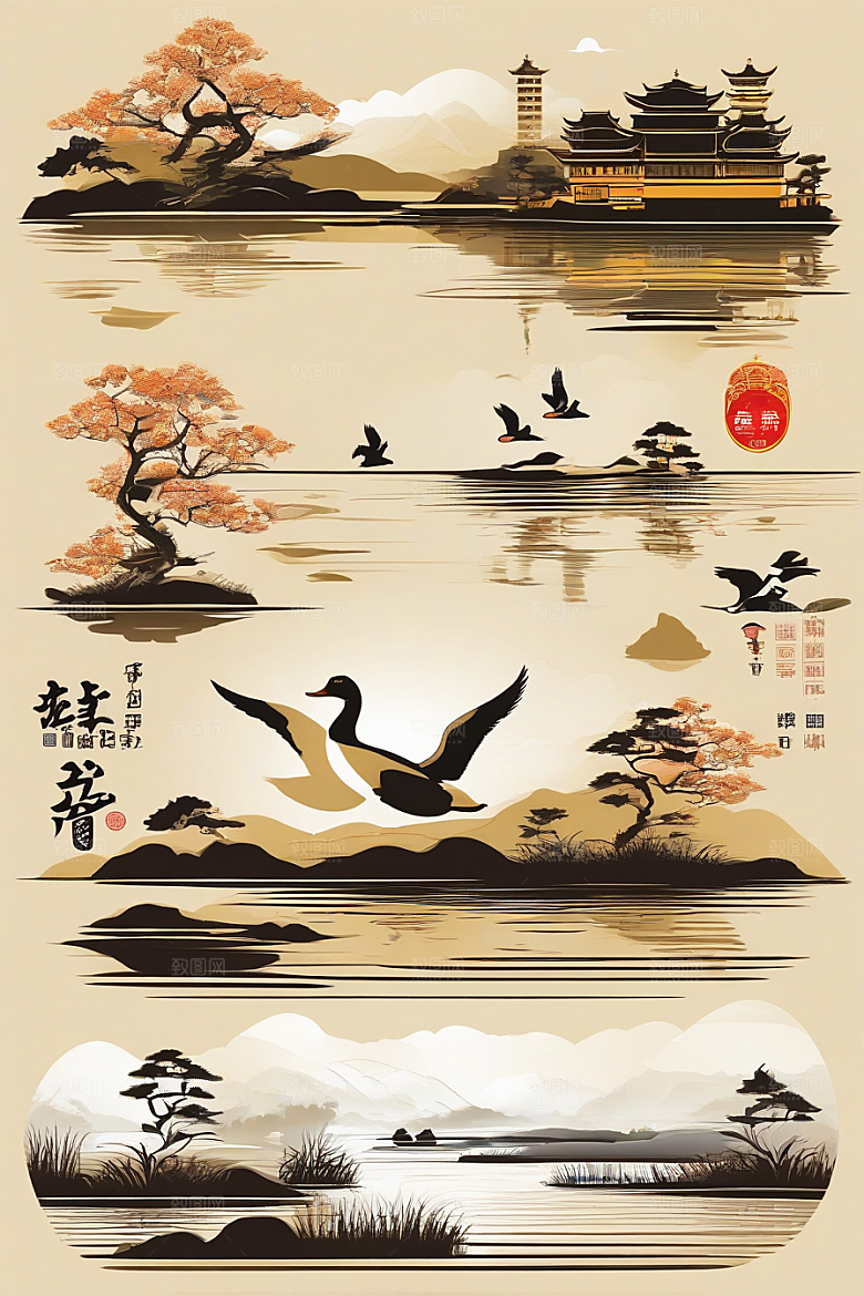 山水云天与鸭子的细致绘画作品