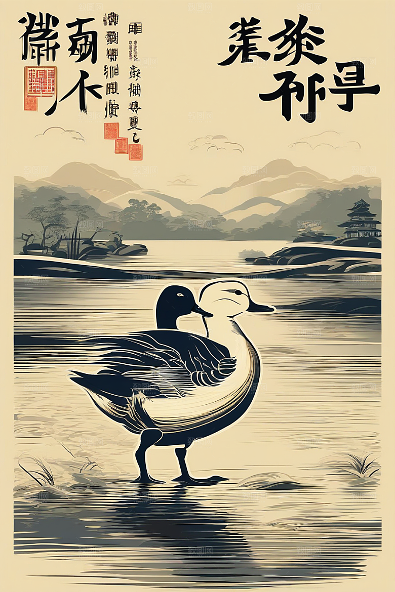 山水云天与鸭子的细致绘画作品