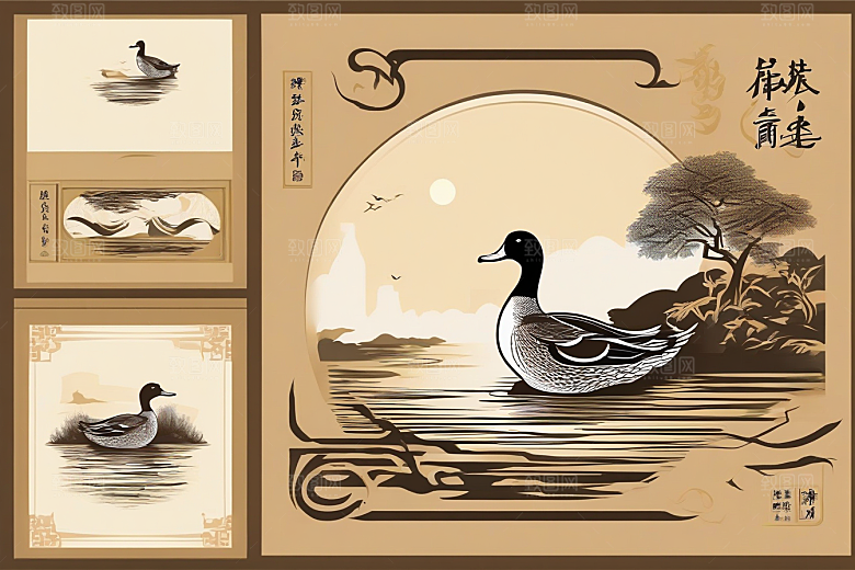 山水云天与鸭子的细致绘画作品