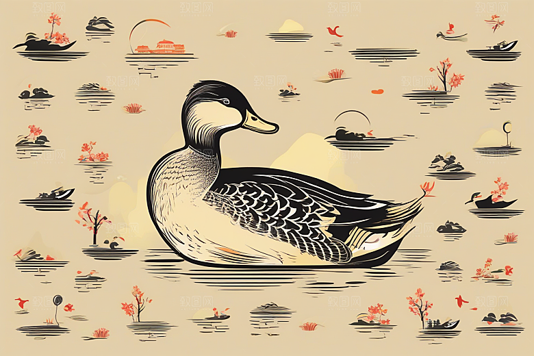 山水云天与鸭子的细致绘画作品