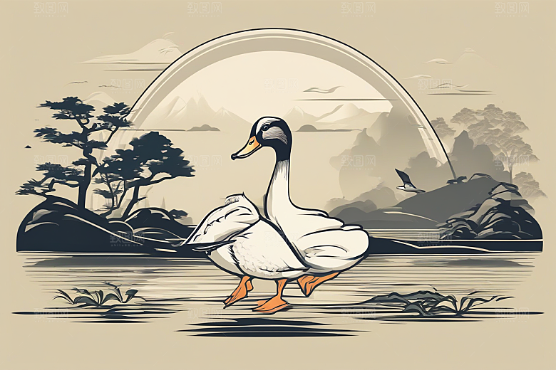 山水云天与鸭子的细致绘画作品