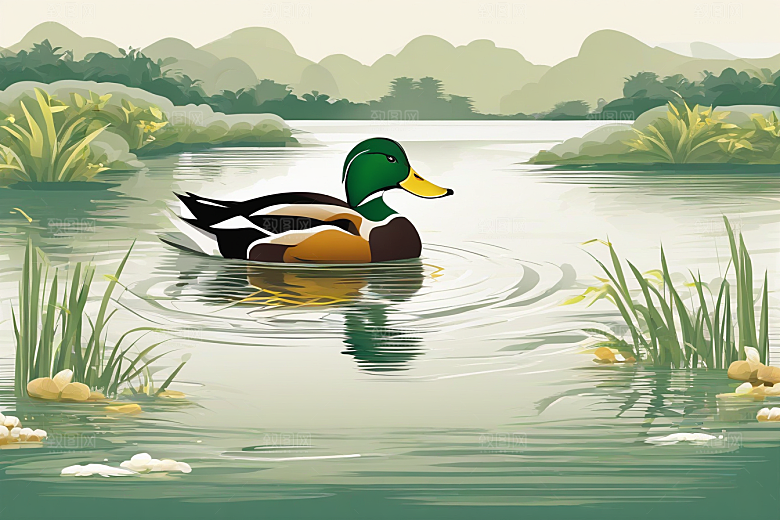 山水云天与鸭子的细致绘画作品