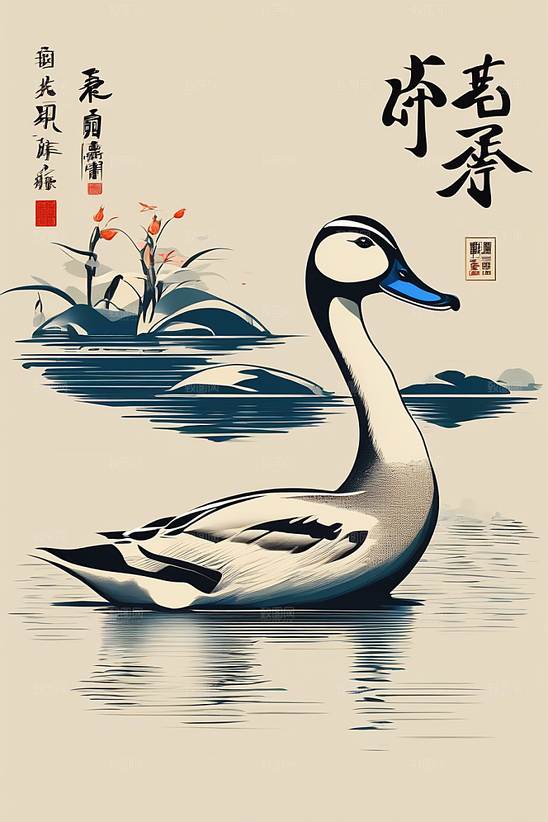 鸭子在水面上山水云天的绘画